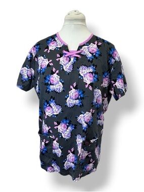 Betsey Johnson Women’s Koi Designer Scrub Top “Cozy Roses” Medical Office XL